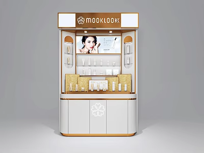 Modern Cosmetic Display Shelf With Gold White Design Digital Screen And Product Showcase 3d model