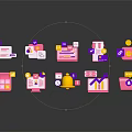 Reflective Pink Purple 3D Icons With Shopping Bag Laptop Coin Envelope Bell House