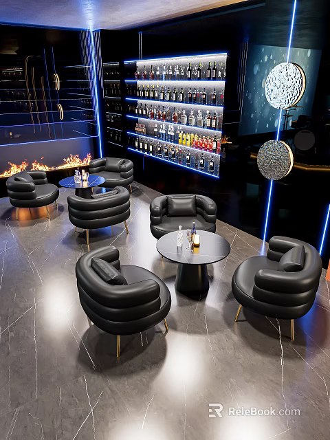 Modern Bar Lounge Interior With Leather Chairs Round Tables And Illuminated Wine Shelves 3d model 
