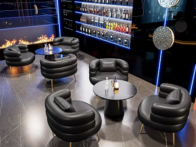 Modern Bar Lounge Interior With Leather Chairs Round Tables And Illuminated Wine Shelves 3d model