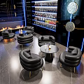 Modern Bar Lounge Interior With Leather Chairs Round Tables And Illuminated Wine Shelves