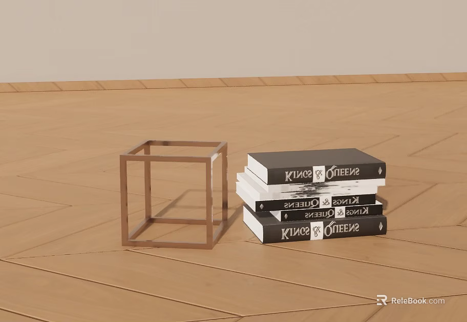 Design Books Stacked On Wooden Floor With Metal Frame Cube Decoration 3d model 