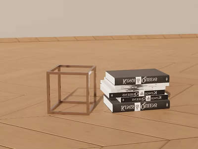 Design Books Stacked On Wooden Floor With Metal Frame Cube Decoration 3d model
