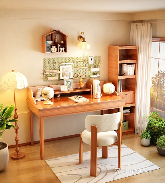 Cozy Study Room With Wooden Desk White Chair Bookshelf Lamp Potted Plants And Natural Light 3d model 