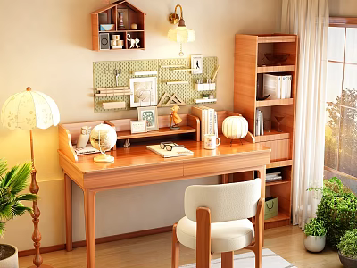 Cozy Study Room With Wooden Desk White Chair Bookshelf Lamp Potted Plants And Natural Light 3d model