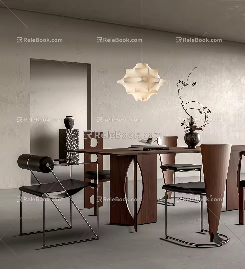Middle Ancient Style Dining Table and Chair Combination Dining Table Dining Chair Chandelier Ornaments Combination Floral Art 3d model