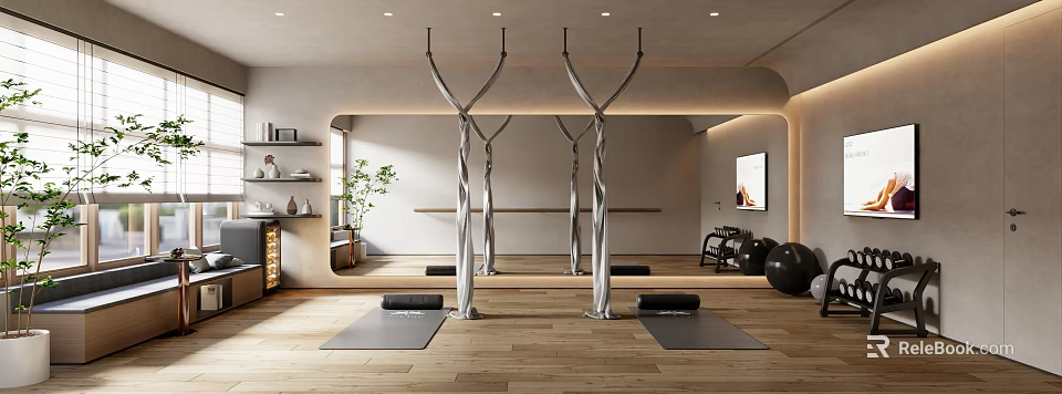 Modern Fitness Studio with Aerial Yoga Hammocks Yoga Mats Mirror Wall and Wooden Floor 3d model 