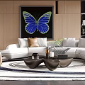 Modern Living Room Interior With White Sofa Blue Butterfly Painting Coffee Tables And Ceiling Lights