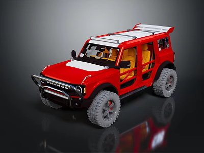 Red Ford Bronco Off Road Vehicle With White Roof Yellow Interior And Large Tires 3d model