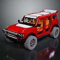 Red Ford Bronco Off Road Vehicle With White Roof Yellow Interior And Large Tires