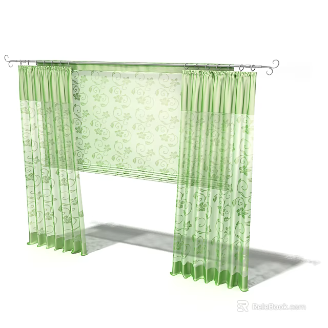 Green Floral Pattern Sheer Curtain For Window Decoration And Light Filtering 3d model
