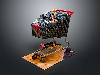 Black Shopping Cart Filled With Various Food And Drink Bottles On Wooden Dark Mat 3d model