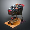 Black Shopping Cart Filled With Various Food And Drink Bottles On Wooden Dark Mat