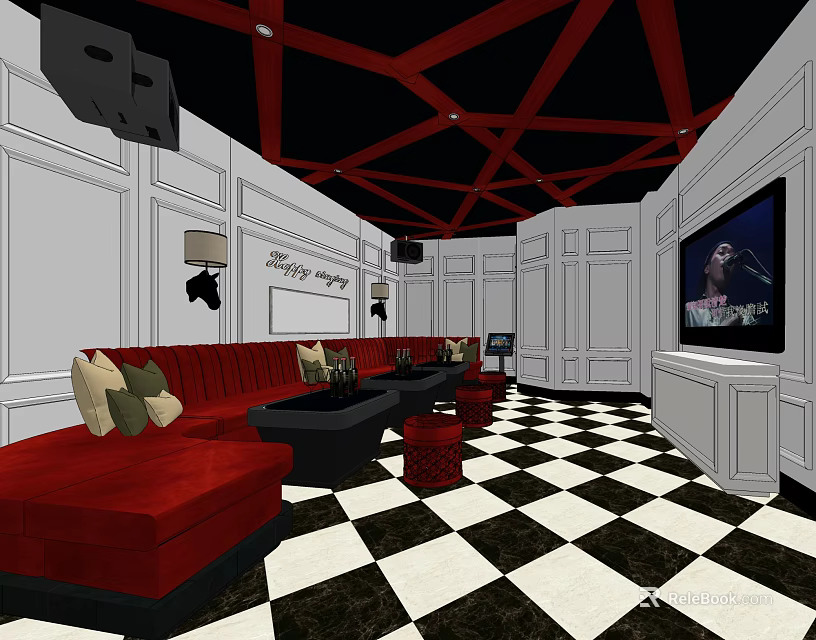 Luxurious KTV Room With Red Sofas Black And White Checkered Floor And Large Screen TV 3d model 