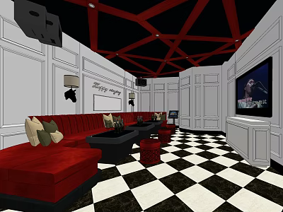 Luxurious KTV Room With Red Sofas Black And White Checkered Floor And Large Screen TV 3d model