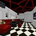 Luxurious KTV Room With Red Sofas Black And White Checkered Floor And Large Screen TV