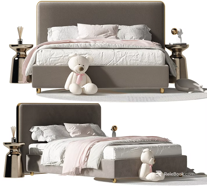 Modern Double Bed With Gray Headboard White Bedding And Teddy Bear Decor 3d model 