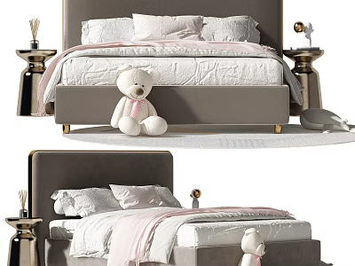 Modern Double Bed With Gray Headboard White Bedding And Teddy Bear Decor 3d model
