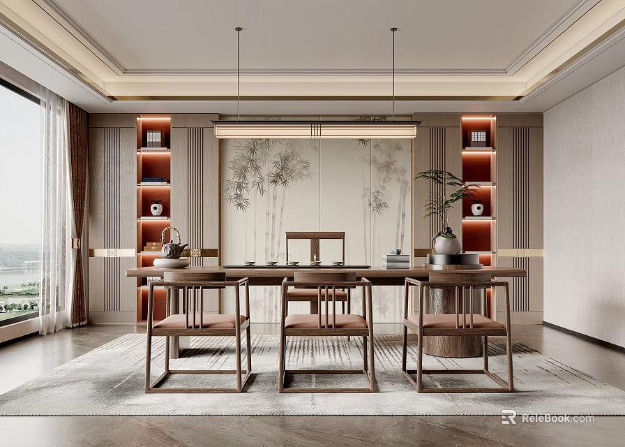 Serene Traditional Tea Room Interior Design With Wooden Table Chairs Shelves And Bamboo Painting 3d model 