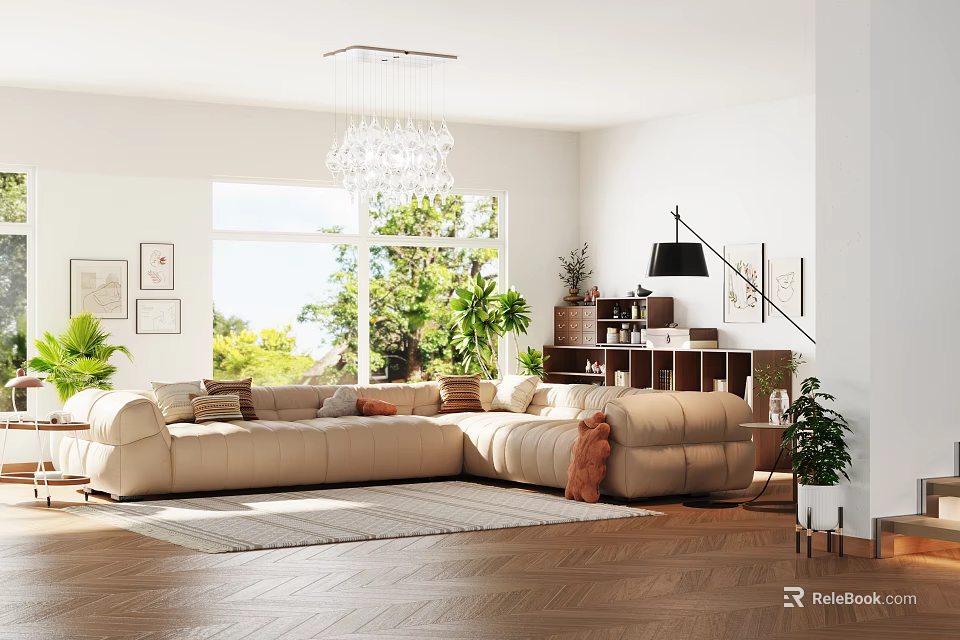 Modern Living Room Interior Design With Beige L shaped Sofa Crystal Chandelier And Large Windows 3d model 