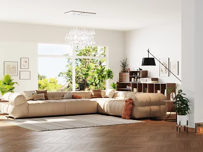 Modern Living Room Interior Design With Beige L shaped Sofa Crystal Chandelier And Large Windows 3d model