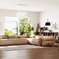 Modern Living Room Interior Design With Beige L shaped Sofa Crystal Chandelier And Large Windows