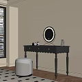 Black Scalloped Edge Dressing Table With Round Mirror And Cream Stool 3d model