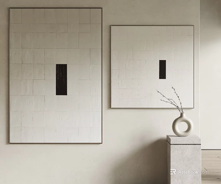 White Square Paintings With Black Strips And White Vase Branches On Gray Cube Light Wall 3d model 
