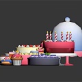 Assorted Colorful Desserts Featuring Birthday Cake With Candles Cupcakes Decorated Round Cakes Coffee Cup Saucer