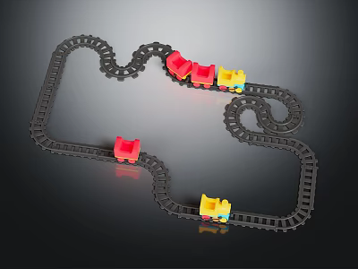 Toy Train Tracks With Curved Black Rails And Multiple Red Yellow Blue Carriages 3d model