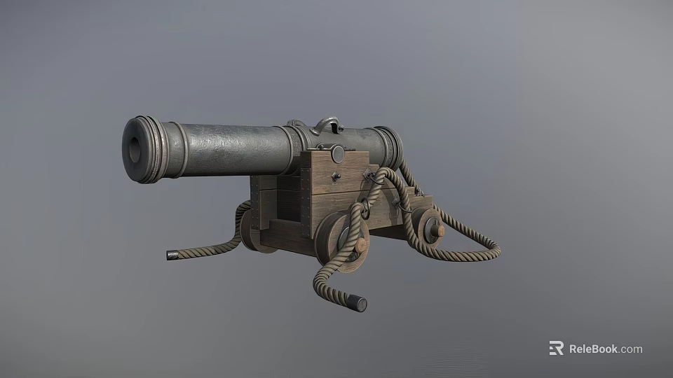 Antique Old Fashioned Cannon With Metal Barrel Wooden Carriage Ropes And Wheels 3d model 