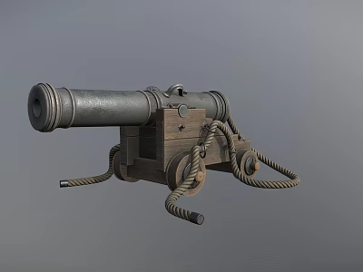 Antique Old Fashioned Cannon With Metal Barrel Wooden Carriage Ropes And Wheels 3d model