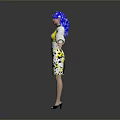 Woman With Blue Hair In White Long Sleeve Top And Yellow Suspenders Arms Outstretched