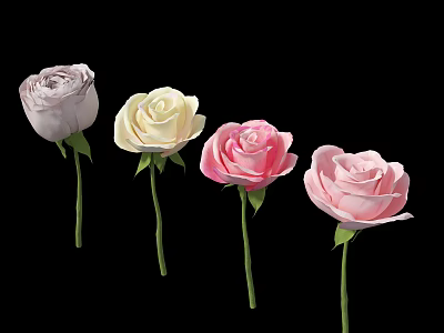 Four Beautiful Roses In Light Purple Cream Soft Pink With Green Stems On Black Background 3d model