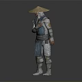 Martial Arts Warrior In Traditional Blue White Outfit With Straw Hat And Armor Details