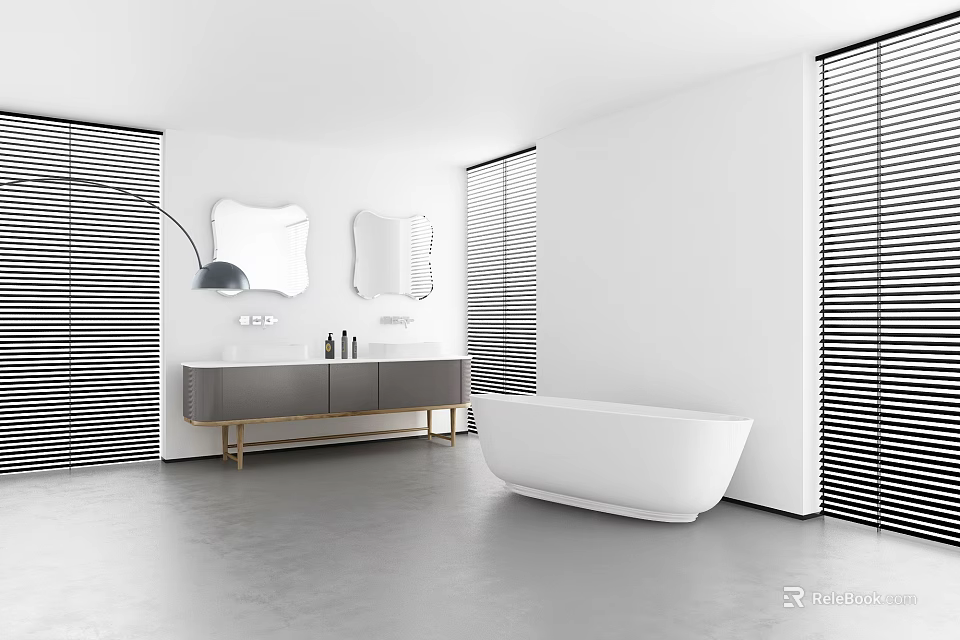 Modern Bathroom Interior Design With White Bathtub Double Vanity Mirror And Blinds 3d model 