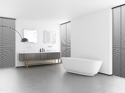 Modern Bathroom Interior Design With White Bathtub Double Vanity Mirror And Blinds 3d model