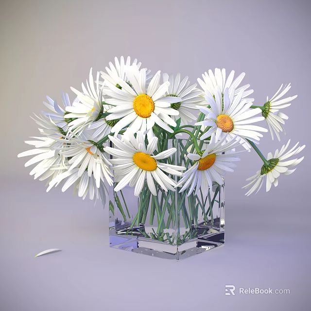 White Daisies With Yellow Centers In Transparent Square Glass Vase On Light Gray Background 3d model 