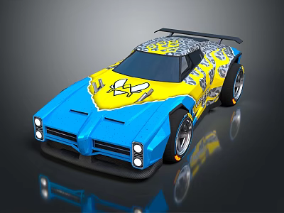 Blue And Yellow Sports Car With Unique Graphic Patterns And Black Rear Spoiler 3d model