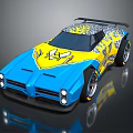Blue And Yellow Sports Car With Unique Graphic Patterns And Black Rear Spoiler
