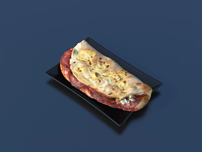 Long Pizza with Melted Cheese Tomato Sauce and Toppings on Black Plate 3d model