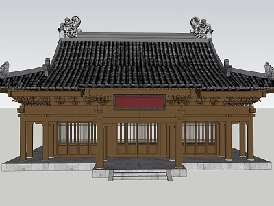 Ancient Chinese Architecture With Tile Roof Overhanging Eaves Ornate Carvings Red Plaque And Wooden Columns 3d model