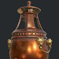 Antique Copper Stove with Ornate Lid Carved Patterns Lion Head Handles and Burning Embers