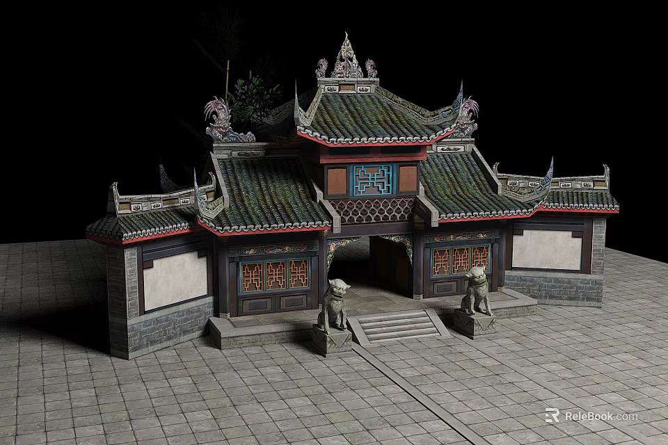 Traditional Chinese Building Exterior Wall With Green Tiles Intricate Carvings Curved Eaves And Stone Lions 3d model 
