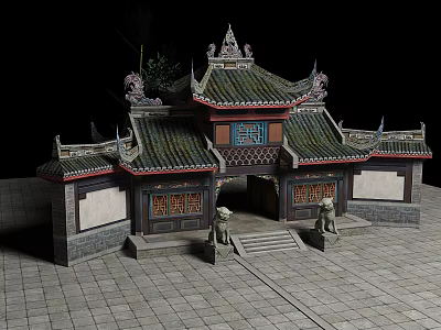 Traditional Chinese Building Exterior Wall With Green Tiles Intricate Carvings Curved Eaves And Stone Lions 3d model