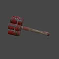 Weapon Hammer With Multiple Red Barrel Shaped Heads And Worn Wooden Handle