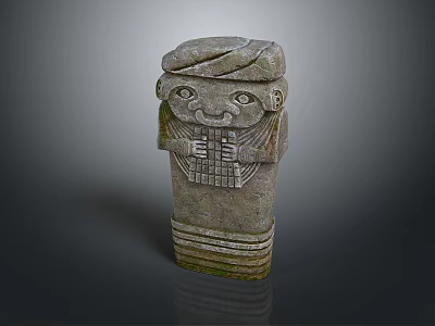 Scenic Natural Landscape With Weathered Ancient Stone Sculpture Carved Human Face And Mossy Base 3d model