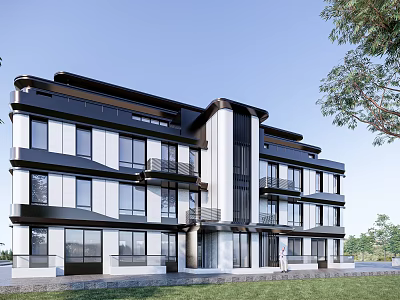 Modern Townhouse Exterior Design With Contemporary Architecture Large Windows Balconies And Green Lawn 3d model