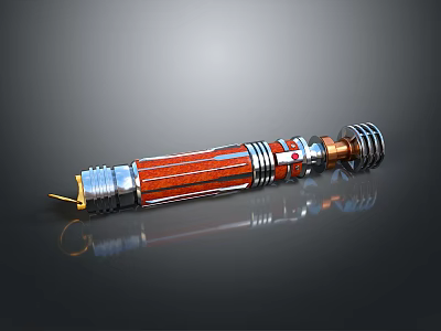 Red And Silver Lightsaber Weapon With Wooden Texture Metal Components Golden Tip And Glowing Effect 3d model