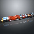 Red And Silver Lightsaber Weapon With Wooden Texture Metal Components Golden Tip And Glowing Effect